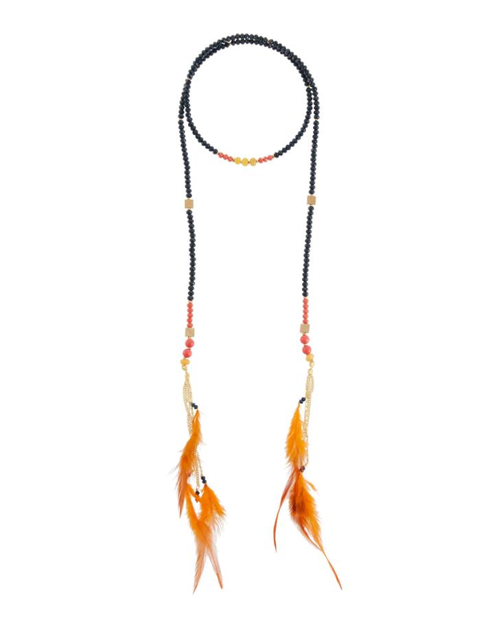 Mixed Crystal & Feather Lariat Necklace
