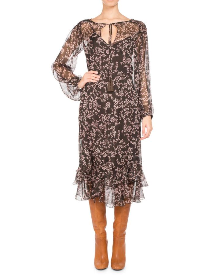 Floral-print Chiffon Long-sleeve Midi Dress, Brown