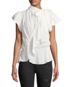 Ruffled Cap-sleeve Tie-neck Blouse
