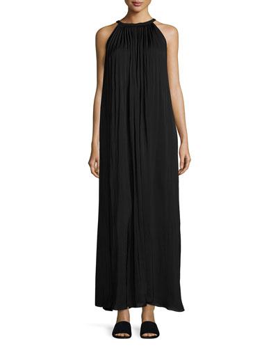 Sunburst Pleated-neck Maxi Dress, Black