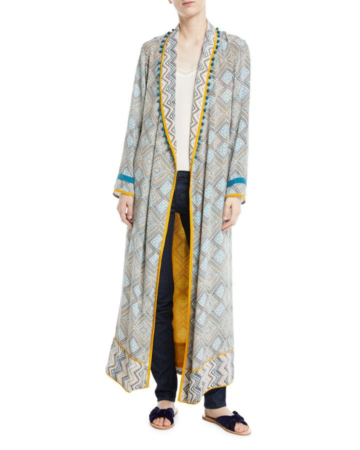 Print Robe Coat With Rope Belt & Pompom Trim