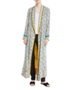 Print Robe Coat With Rope Belt & Pompom Trim