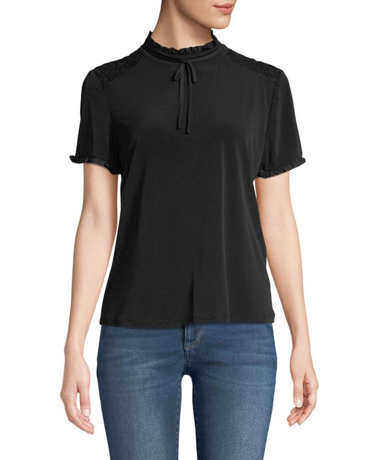 Mock-neck Lace-trimmed Short-sleeve Blouse