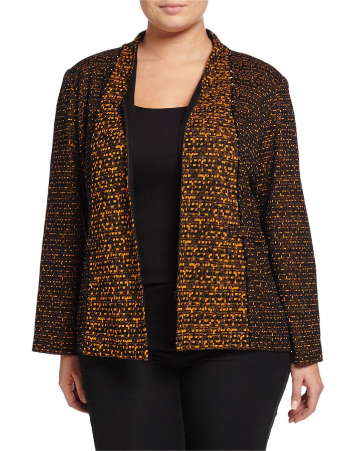 Misook Hidden Zip-front Knit Jacket W/ Beaded Trim, Black/orange, Women's,