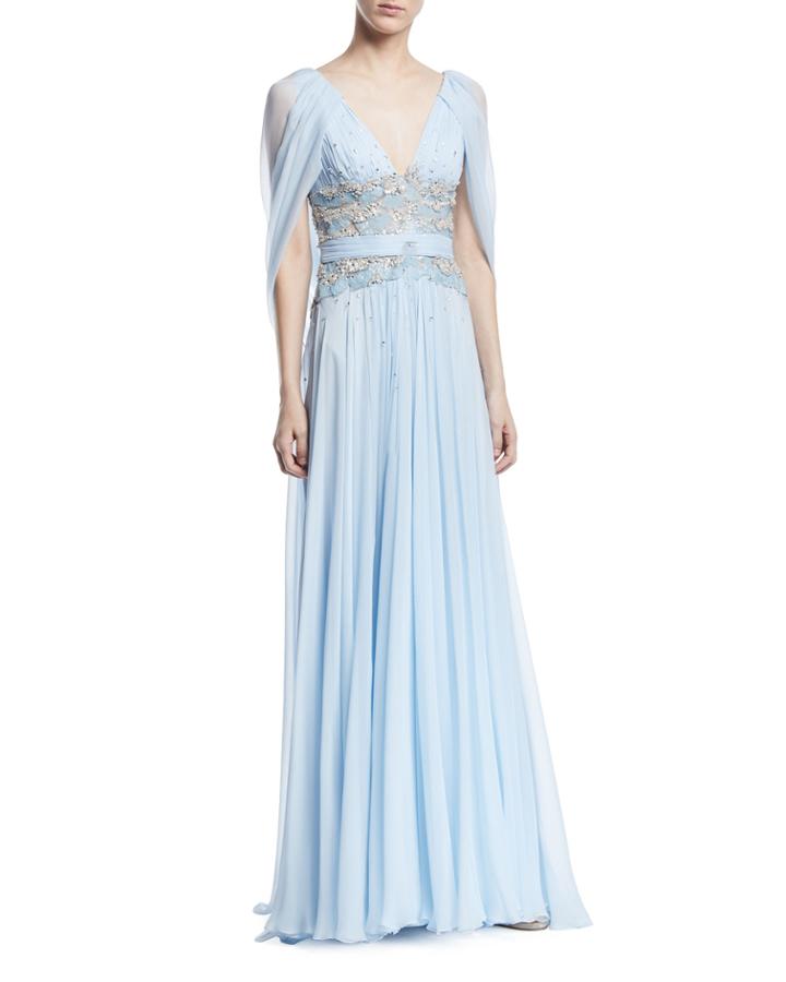Beaded Bodice Drape-back Evening Gown