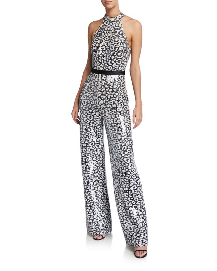 Animal-print Reverse Sequin Halter Jumpsuit
