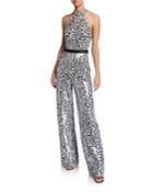 Animal-print Reverse Sequin Halter Jumpsuit