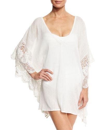Calista Scalloped Lace Short Caftan Coverup, White