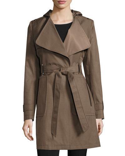 Drape-front Belted Trench Coat W/ Hood, Olive