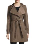 Drape-front Belted Trench Coat W/ Hood, Olive