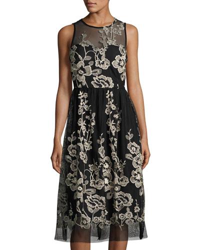 Social Embroidered-mesh Dress, Black/white