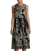 Social Embroidered-mesh Dress, Black/white