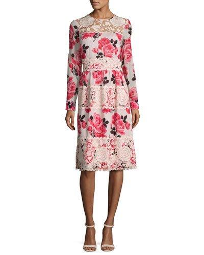 Rosa Long-sleeve Floral Lace-trim Dress,