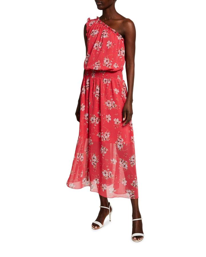 One-shoulder Floral Printed Smock-waist Dress