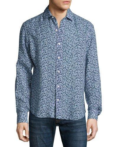 Floral-print Linen Sport Shirt, Navy/light Blue