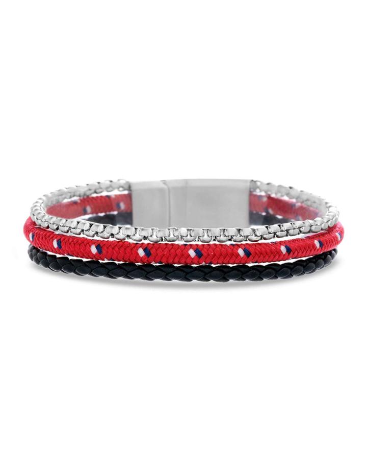 Men's Three-row Stainless Steel & Leather Cable Bracelet, Red/black