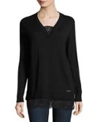 Sweater Top With Lace Trim, Black