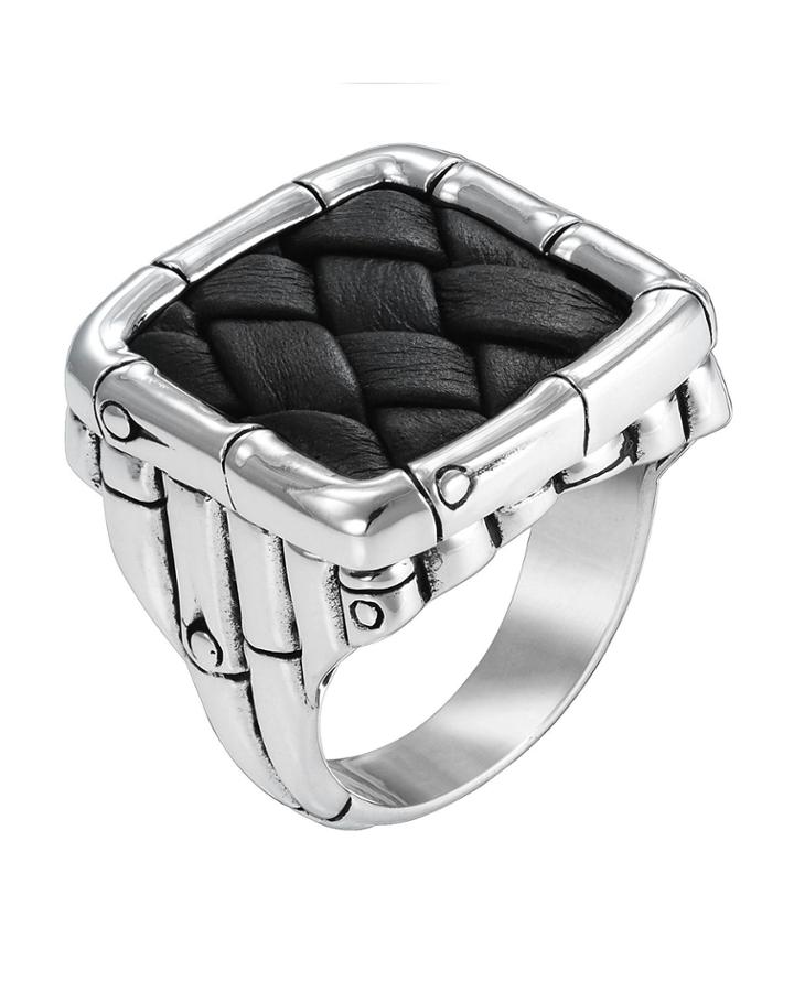 John Hardy Bamboo Silver & Woven Leather Square Ring,