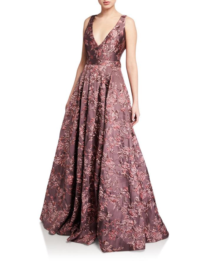Deep V-neck Sleeveless Brocade Ball Gown