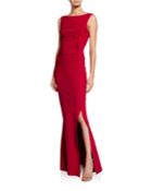 Dacia Boat-neck Sleeveless Ruched Gown With