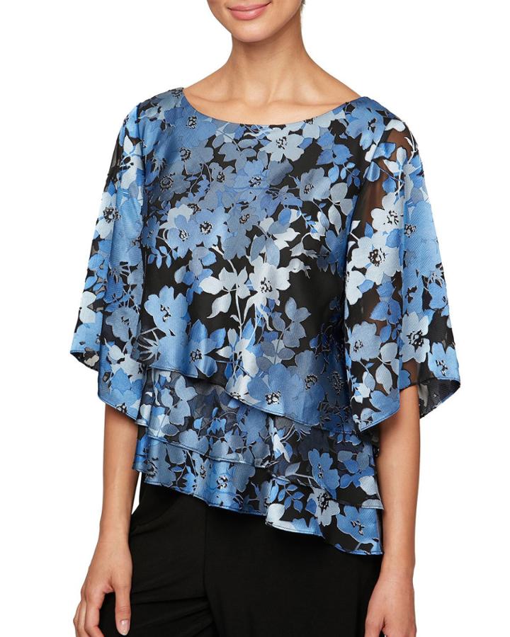 Floral Chiffon Burnout Blouse W/ Asymmetric Tiered Hem