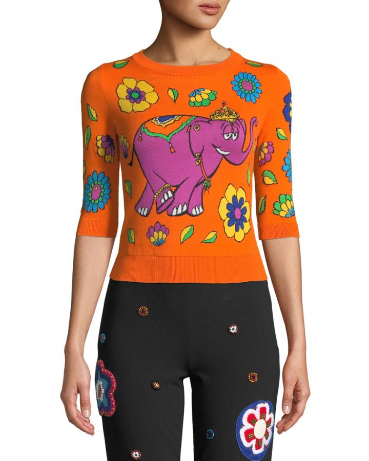 Elbow-sleeve Elephant-print Cotton Knit
