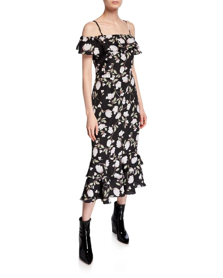 Floral Cold-shoulder Tiered Dress
