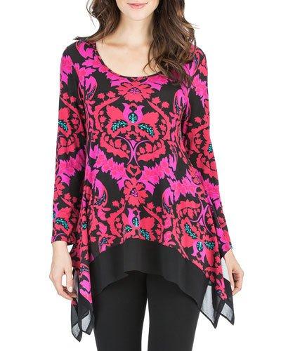 Scoop-neck Long-sleeve Floral-print Top, Red Pattern