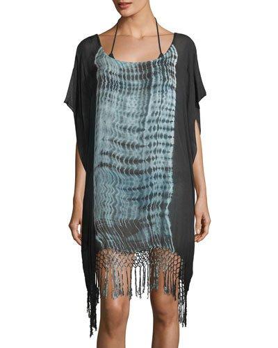 Tie-dye Macrame Easy Coverup Poncho, Blue