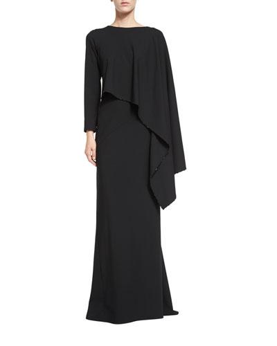 Long-sleeve Draped Column Gown, Black
