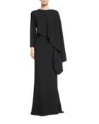 Long-sleeve Draped Column Gown, Black