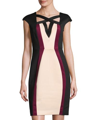 Colorblock Cap-sleeve Sheath Dress, Beige