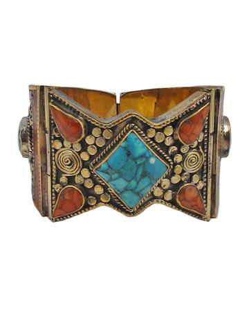 Turquoise & Coral Brass Cuff
