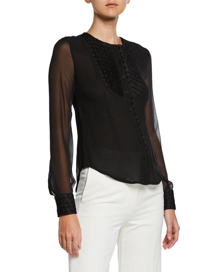 Long-sleeve Pleated Tuxedo Blouse
