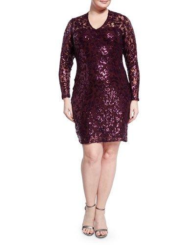 Scroll-sequined V-neck Dress, Purple,