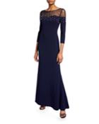 Boat-neck Illusion 3/4-sleeve Gown W/ Pearly Detail