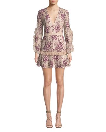 Anaphora V-neck Ruffled Long-sleeve Floral-embroidered