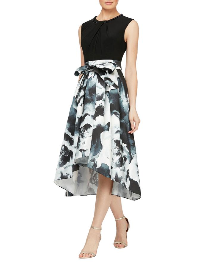 Pearl Neck Floral Print High-low Dress