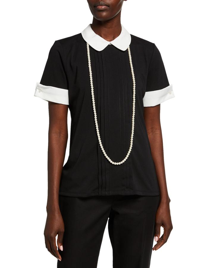 Short-sleeve Knit Blouse W/ Pearl Necklace