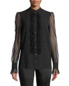 Sheer-sleeved Ruffled Button-front Blouse