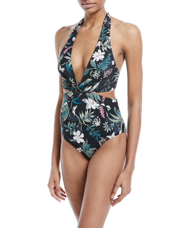 Floral-print Knotted Halter One-piece