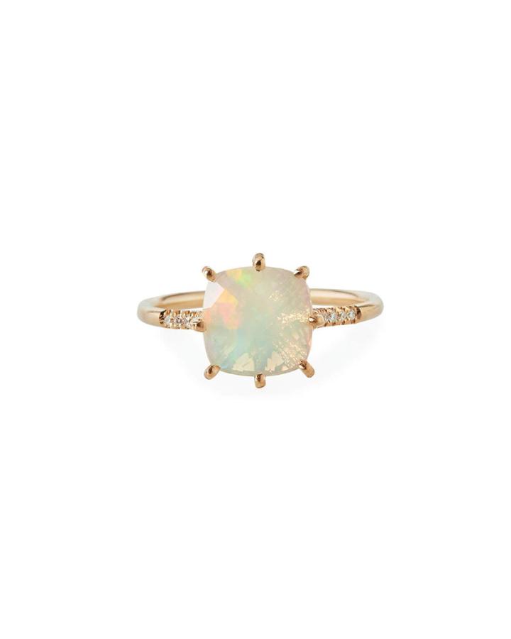 14k Rose Gold Opal Cushion Ring W/ Diamond