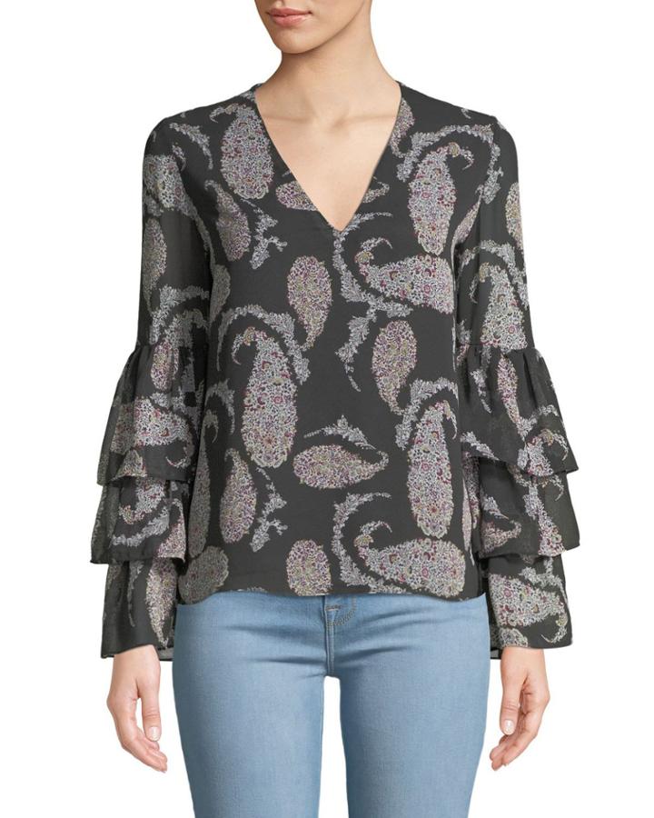 Top Billing Floral Paisley-print Bell-sleeve Blouse