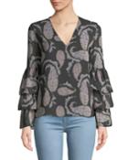 Top Billing Floral Paisley-print Bell-sleeve Blouse