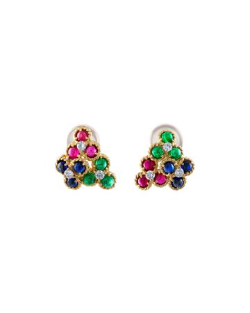 Estate 18k Yellow Gold Diamond/emerald/sapphire/ruby Earrings