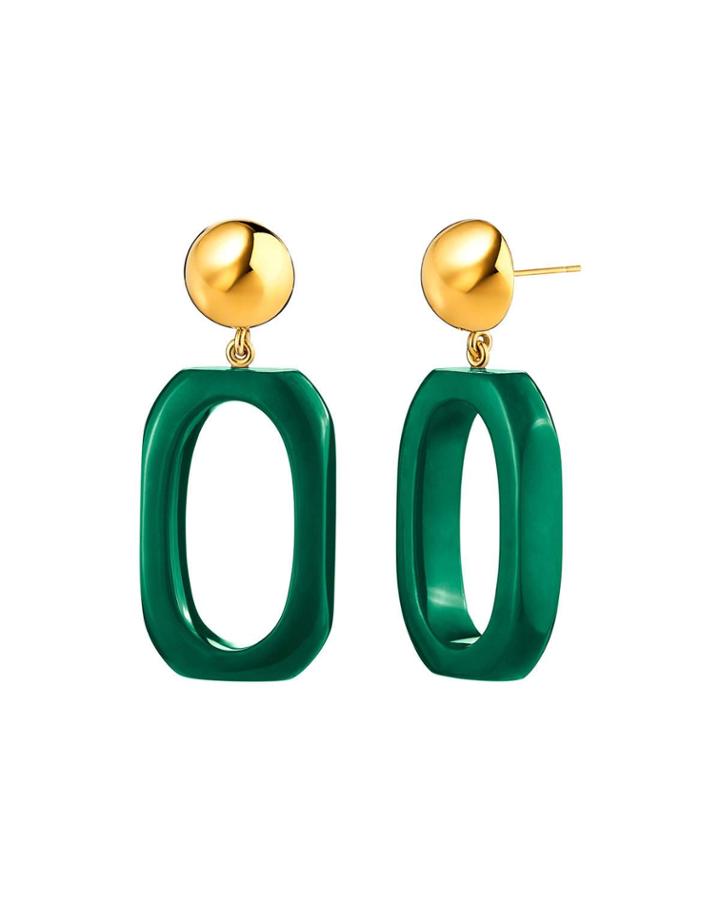 Rectangular Link-drop Earrings, Green