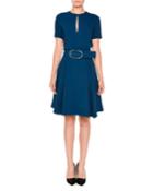 Short-sleeve Keyhole A-line Belted Dress, Blue