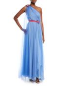 One-shoulder Draped Tulle Evening Gown