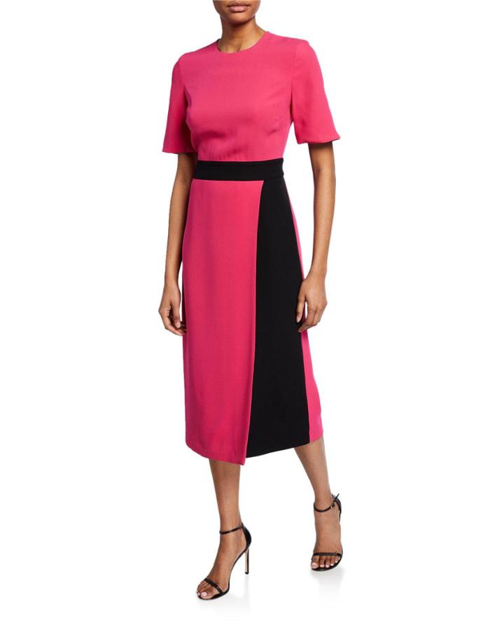 Crewneck Elbow-sleeve Heavy Georgette Dress W/ Contrast Wrap Detail