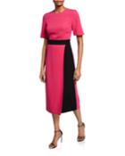 Crewneck Elbow-sleeve Heavy Georgette Dress W/ Contrast Wrap Detail